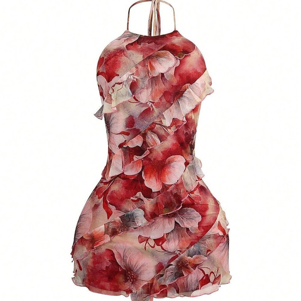 Red Women's Halter Neck Backless Strap Suspenders Hip Ruffle Mini Dress - Picture 4 of 9